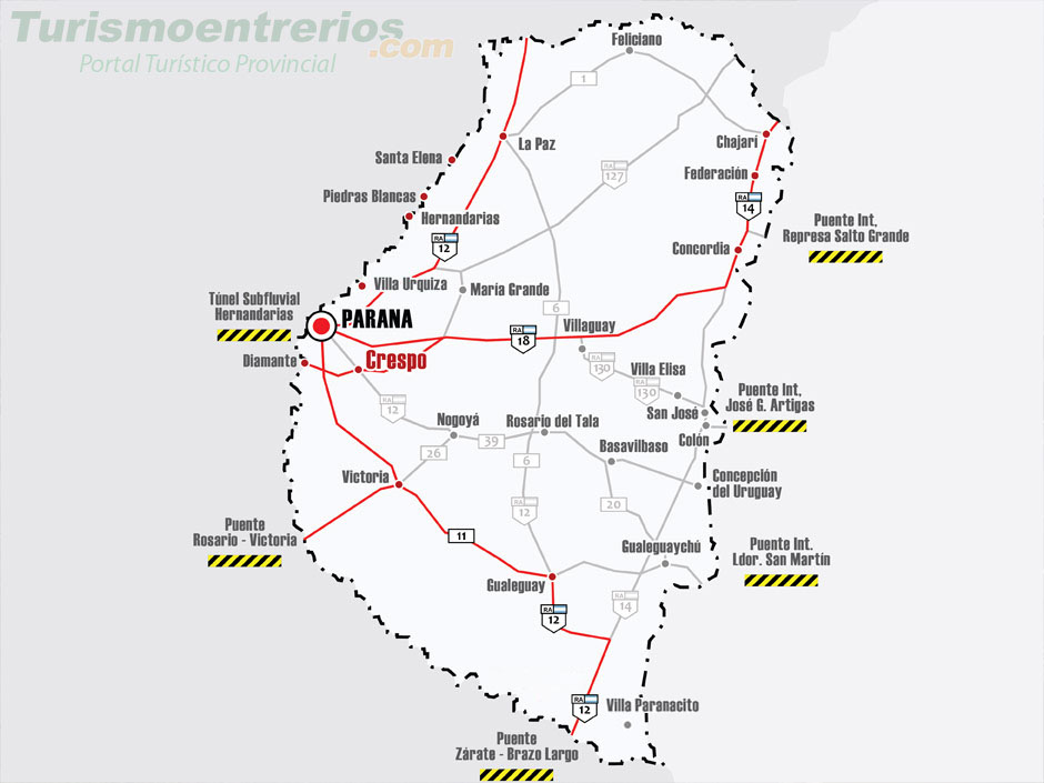 Mapa de Rutas y Accesos a Crespo - Imagen: Turismoentrerios.com