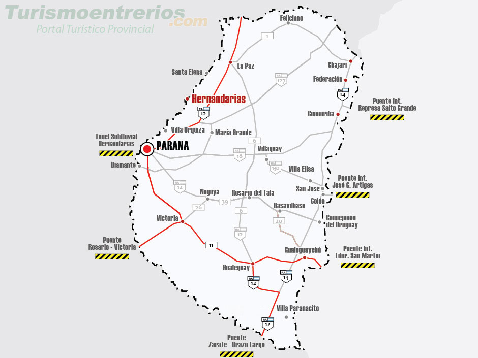 Mapa de Rutas y Accesos a Hernandarias - Imagen: Turismoentrerios.com