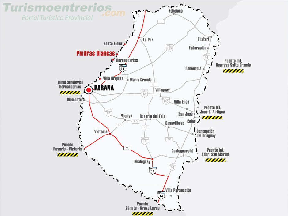 Mapa de Rutas y Accesos a Piedras Blancas - Imagen: Turismoentrerios.com