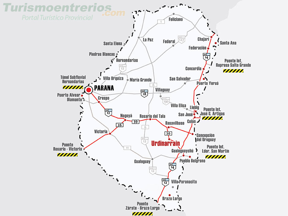 Mapa de Rutas y Accesos a Urdinarrain - Imagen: Turismoentrerios.com